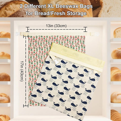 13x17in (2 Pack) Reusable Beeswax Bread Bags for Homemade Sourdough: XL Eco-Friendly Plastic-free Food Storage |