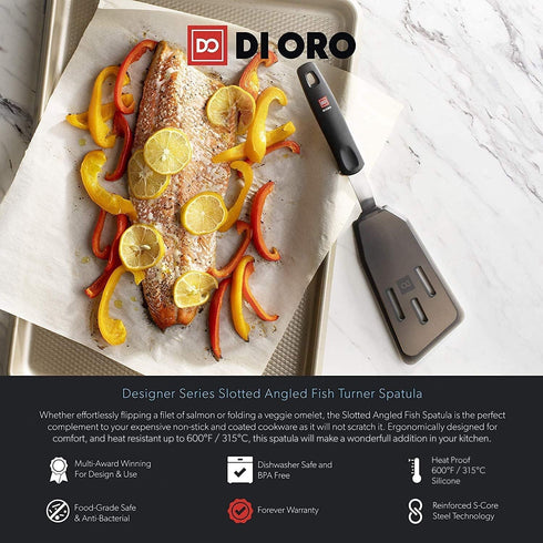 DI ORO Silicone Fish Spatula - Nonstick Cookware, 600°F Heat-Resistant, BPA Free, Slotted Thin Egg Flipper (Black)