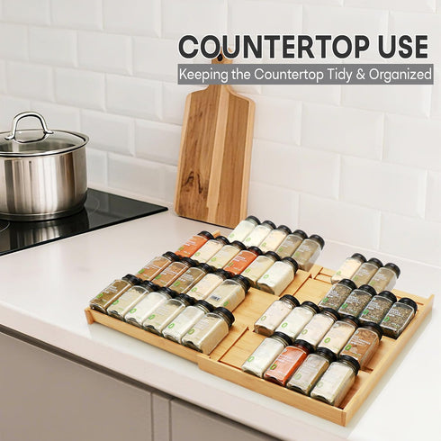 3.1 4 12" 23" Bamboo Spice Drawer Organizer, (Need Deep Drawer) Expandable Tier Spice Rack for Cabinet (From to Wide)