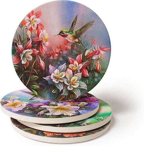 CoasterStone Absorbent Coasters - Hummingbirds in Floral, 4-1/4 Inch, Set of 4