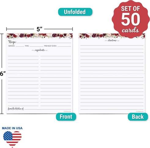 321Done Folding Recipe Cards (Set of 50) Floral Roses on White, From the Kitchen Of - Folds to 3x5 from 6x5 - Retro Vintage Wedding Baby Bridal Shower Gift Party - Made in USA - Double-Sided, Folded by 321Done
