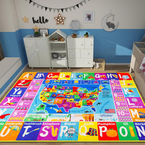 59"39.4" USA Map ABC Kid Rug for Playroom Geography Classroom Play Rug Educational Baby Playmat Alphabet Mat State