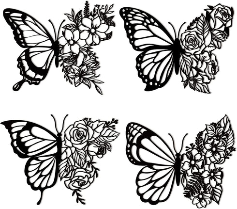Pelopy 4 Pcs Butterfly Metal Wall Decor, Boho Iron Hanging Wall Art, Flower Wall Art for Bedroom Living Room, Black