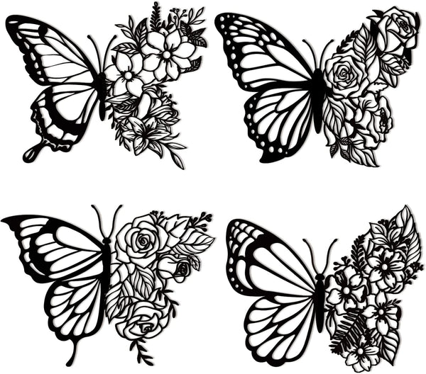 Pelopy 4 Pcs Butterfly Metal Wall Decor, Boho Iron Hanging Wall Art, Flower Wall Art for Bedroom Living Room, Black
