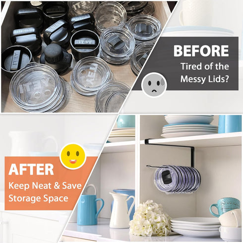 Tumbler Lid Organizer, Horizontal Tumbler Lid Storage Hook for Up to 10 Lids, Space Saving Kitchen Organizer