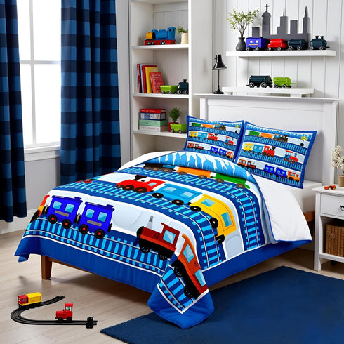 Set 2Pcs,City Sets Insert,1 Cartoon Train Comforter Kids Train Bedding Twin Size ,Colorful Vehicles Car Boys Bed in a