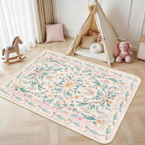 5x8 Pink Boho Rug with Rounded Corners Washable Floral Pastel Non-Slip Area Rug for Nursery, Girls Bedroom, Kids Room