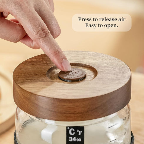 2PackWood Exhaust,35OZ Sourdough Starter Jar Sealed Lid with Automatic with Ounce Scale Line,Date Marked Feeding Band