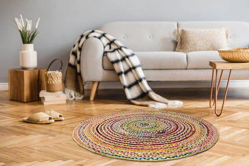 COTTON CRAFT Jute Chindi Braid Rag Rug - 3 Feet Round Multi Color, Handwoven Reversible Natural Cotton