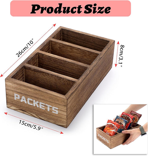 Seasoning Packet Organizer, Food Packet Storage Organizer with 4 Compartments, Wooden Storage Caddy for Kitchen Pantry Cabinet, Farmhouse Kitchen Organization Bins for Snacks Spice Packets by BSTKEY