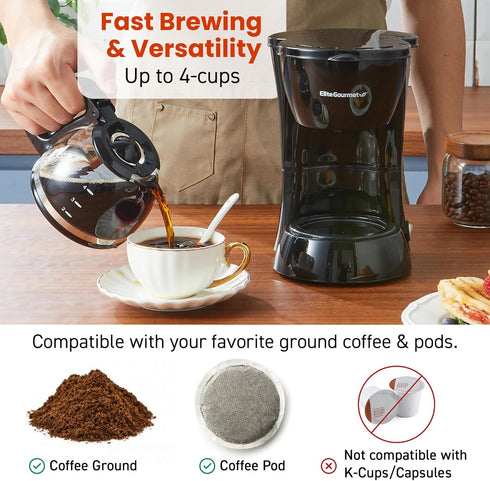 Elite Gourmet EHC4128 Automatic 4-Cup Brew & Drip Coffee Maker with Glass Carafe, Reusable Filter, Black