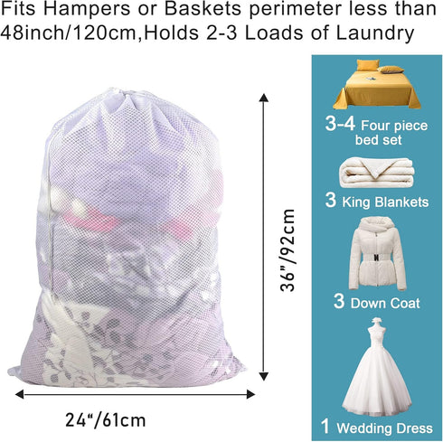 Polecasa Heavy Duty Diamond Mesh Laundry Bags with Drawstring Closure and ID Tag, Large Laundry Hamper Liner, Washable