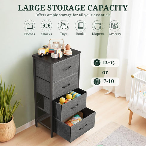 4 Closet, Nightstand, Drawer Dresser End Table Bedside Furniture with Wooden Top Steel Frame Fabric Bins for Bedroom