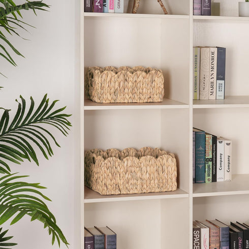 Set 2 iEGrow Scalloped Wicker Basket, of Woven Rattan Natural Water Hyacinth Baskets with Built-in Handles, Rectangle