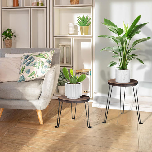 2Pack 11.81IN Yangbaga Wooden Plant Stands Indoor: Round Planter Stands with Metal Legs,Mid Century Planter Holder
