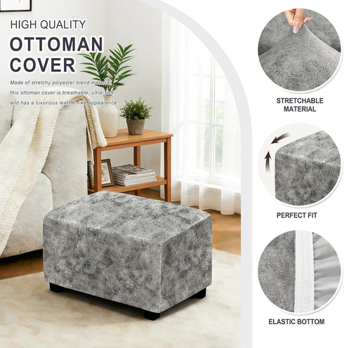 ANARACHON Leather Like Ottoman Cover, Stretch Small/Large Square Ottoman Covers, Rectangular Ottoman Slipcovers