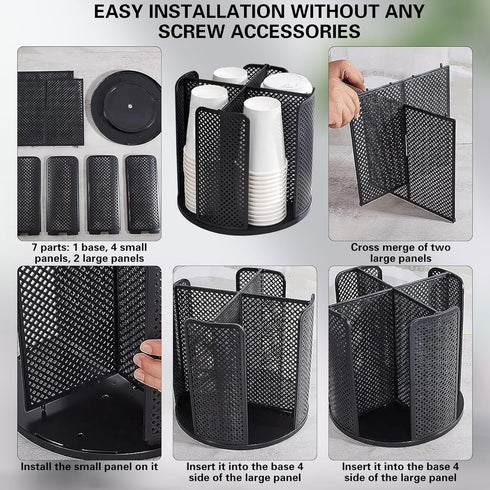 Black Rotated Cup and Lid Dispenser, Paper Cup Holder for Countertop with 4 Compartments for Coffee Station
