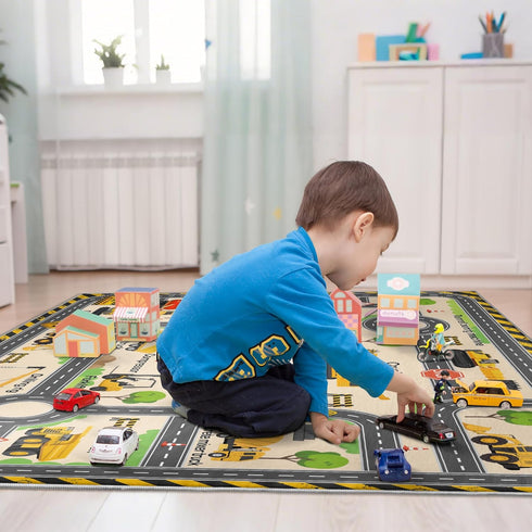 Construction Site Play Rug for Kids - Interactive Engineering Vehicles Faux Wool Carpet with Excavator & Digger Design