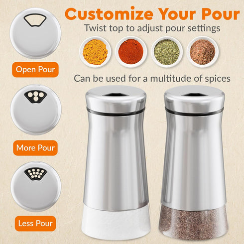 HOME EC Salt and Pepper Shakers Set, Adjustable Pour Holes, Glass and Stainless Steel Spice Dispenser