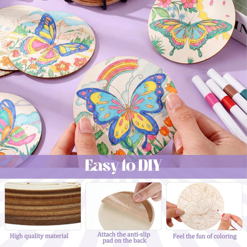 Reallnaive 45 4 Inch Pcs Butterfly Wooden Coasters Painting Kit, Paint Your Own Boho Coasters with Markers, Mothers Day