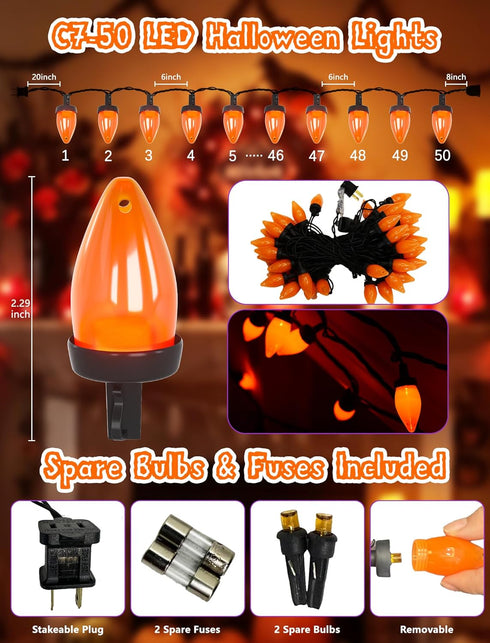 26ft C7 50 SUNSGNE Orange String Lights Outdoor, Halloween Outdoor Light with LED Orange Lights for Halloween Yard