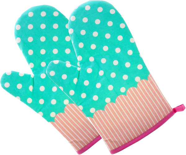 GreenFist Set of Two Oven Mitts, Heat Resistant Cotton Kitchen Pot Holder, Dotted Blue