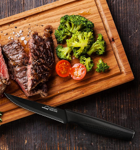 Set of 8 Stainless Steel Steak Knives, Serrated and Dishwasher Safe, Elegant Black Design