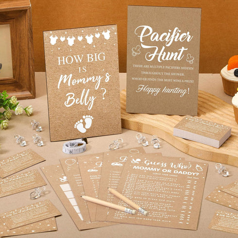 424 50 Sherr Pcs Kraft Baby Shower Pacifier Hunt Game Include Hunt Sign and Acrylic Pacifiers Bingo Price Guess How Is