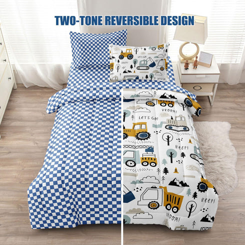 Leaflin 4-Pcs Set, Set Sets Construction Twin Size Boys Bedding Kids Comforter for Teens w/Sheets and Pillowcase, Soft