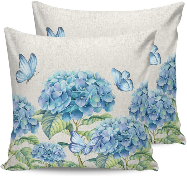 Farm Outdoor Pillow Covers Set of 2, Blue Hydrangea Flower Butterfly Decorative Waterproof Throw Pillow Case,