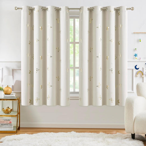 Grommet Room,52x63,2 Jubilantex Ivory Gold Butterfly Blackout Curtains with Black Layer Thermal Insulated Window