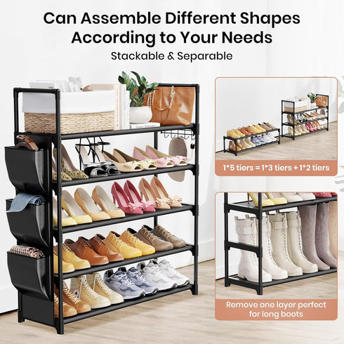 5 20-25 Closet,Entryway,Small VILICK Tier Shoe Rack with Hook and Side Pocket,Shoe Organizer Space Saver Storage