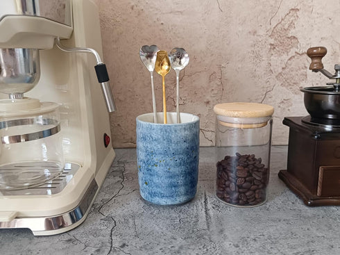 Stoneware Coffee Spoon Holder for Coffee Bar, Tea Spoon Holder Jar Teaspoon Holder Coffee Stirrers Holder Upright Coffee Spoon Holder Cup, Coffee Stir Stick Holder Small Utensil Holder (Sea blue)
