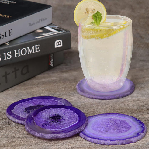 Set 4, Purple Agate Coasters of Natural Stone Drink Coasters with Unique Patterns, Decorative Table Coasters for Coffee