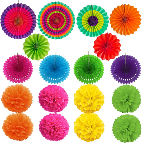 ZERODECO Party Decoration, 21 Pcs Multi-color Hanging Paper Fans, Pom Poms, Garlands, Polka Dot & Triangle Bunting Flags
