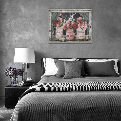 Farmhouse Canvas Wall Art Rustic Pink Rose Wall Decor, Flower Mason Jar Hummingbird Painting Prints for Country Home