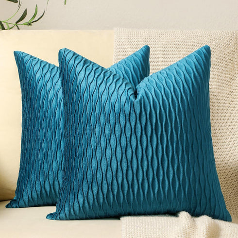 DEZENE Turquoise Throw Pillow Cases, 22x22 Inch, 2 Pack Original Striped Velvet Decorative Pillow Covers