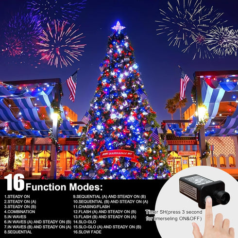 99ft 300LED 16 4th LAMPHOME Red White and Blue Patriotic String Lights, Modes Red White Blue LED Lights Plug