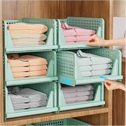 SNSLXH 5 Pack Stackable Closet Storage Basket, Green Multifunctional & Foldable Organizer for Bathroom Kitchen Laundry