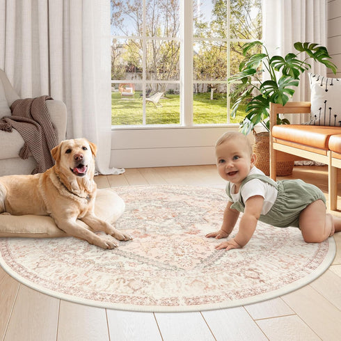5ft LIVEBOX Washable Peachy Pink Rug - Medallion Vintage Circle Rugs for Bedroom, Low-Pile Tribal Print Carpet