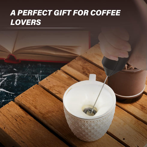 Simple Deluxe Handheld Milk Frother, Battery-Operated Mixer with Stainless Steel Stand for Coffee, Frappe, Black