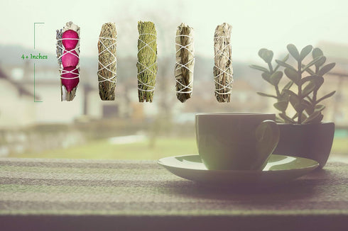 Smudge Sticks Sampler - 1 White Sage with Lavender & Rose, 1 Rosemary, 1 Cedar, 1 Sweetgrass, 1 Black Sage