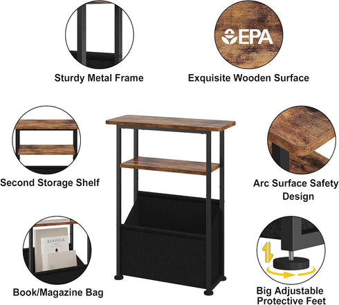 3 Yusong Narrow Side Table for Small Spaces, Skinny End Table with Storage Basket, Tier Slim Sofa Couch Bedside Table