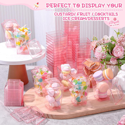 150 5 oz Mifoci Pcs Pink Plastic Dessert Cups with Lids and Spoons Valentine Mini Clear Reusable Yogurt Parfait