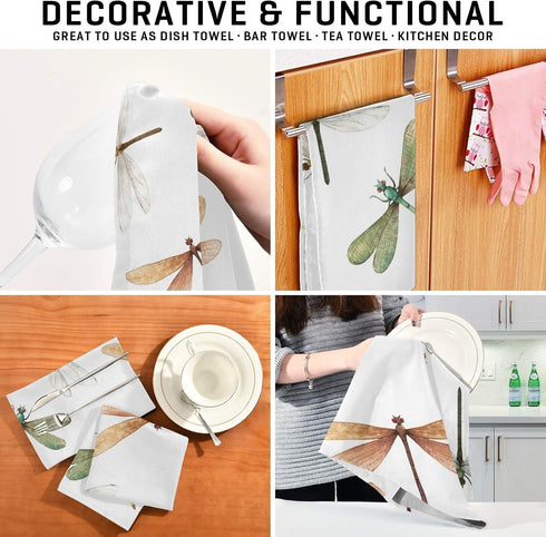 Qilmy Kitchen Dish & Tea Towel Dragonfly Reusable Cloths for Cooking & Drying Dishes, 28x18in-4 PCS
