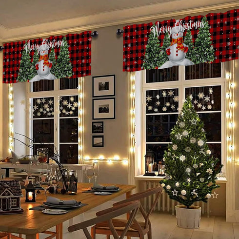 Christmas Valance for Windows, Snowman with Xmas Tree Window Toppers, 1 Panel Red Buffalo Plaid Check Treatments 54 x