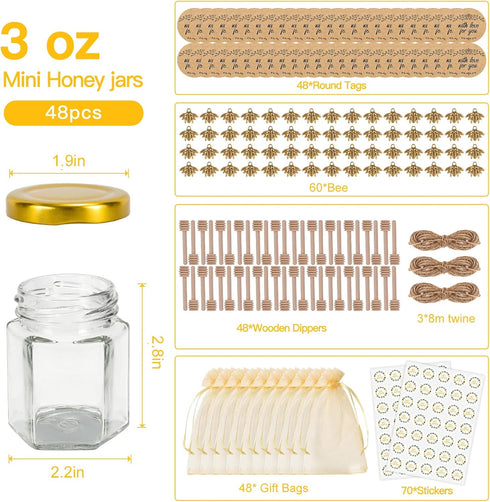 48 Pack 3 oz SZUAH Mini Honey Jars with Dipper, Glass Hexagon Honey Jar for Wedding Favors, Empty Glass Jars for Party