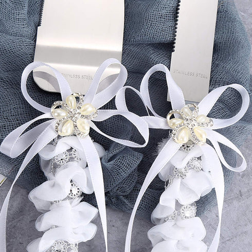 TANG SONG Stainless Steel Wedding Cake Knife and Serving Set - Pearl Flower Shape with Lace Handle