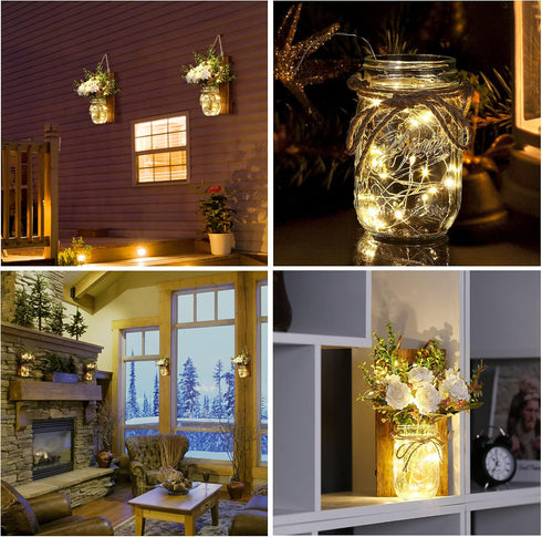 Set Lightess Wall Decor Mason Jar Sconces with Remote Control, Rustic Home Decor LED Fairy Lights with White Rose