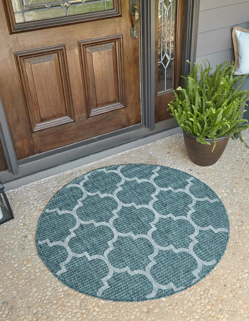 Unique Loom Trellis Collection Area Rug (Teal/ Gray, 3' 3" Round) for Outdoor Spaces